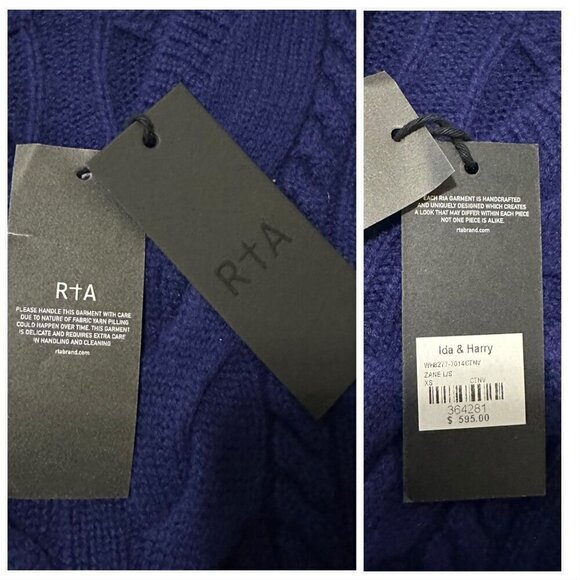 RtA Zane Reverse V-Neck Cable Knit Sweater,  Blue, Size S, New with tag - Picture 6 of 16